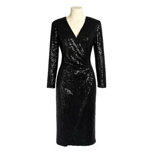 Vintage 80s Midnight Glo Black Sequin Faux Wrap Dress Sz 6 Ruched Midi L/S Party